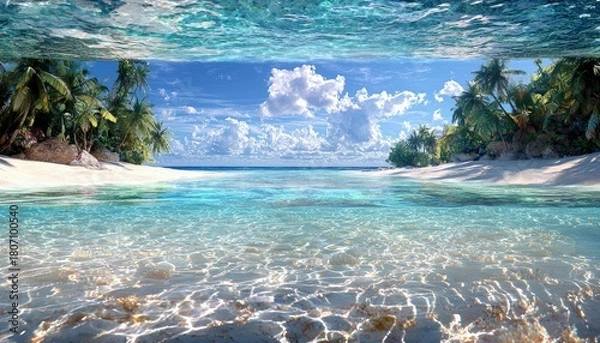 Obraz A split-level view shows the underwater world of a tropical beach with clear water and sandy bottom, and the above-water view of a white sand beach lined with p