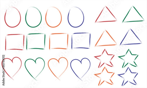 Obraz Hand Drawn Colorful Shapes Collection – Sketch Style Circles, Squares, Triangles, Hearts and Stars Outline Set for Design, Icons, Patterns, Stickers, Kids Graphics and Creative Projects