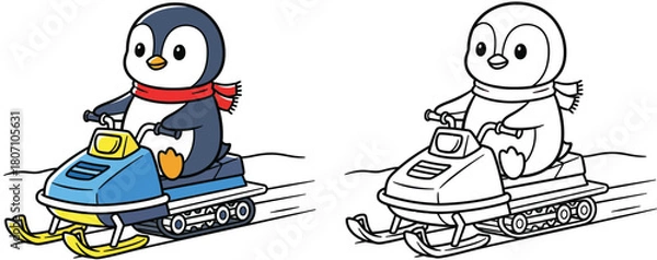 Fototapeta Cute cartoon penguin riding a snowmobile vector illustration with black and white outline for coloring book page