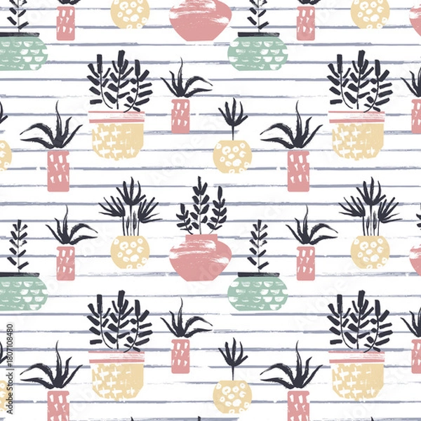 Fototapeta pattern with different cute flowers in pots, beautiful theme summer with ornament plant in vase design for print or screen 