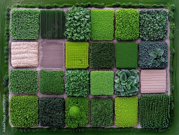 Fototapeta An overhead drone shot of a farm field with 25 distinct square plots, each containing different types of vegetation and soil.