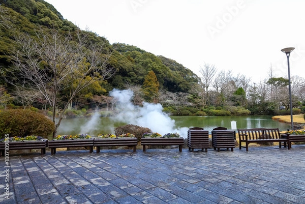 Fototapeta Umi Jigoku blue water hot spring. One of the eight hot springs is landmark in touris location at Beppu, Oita, Japan.