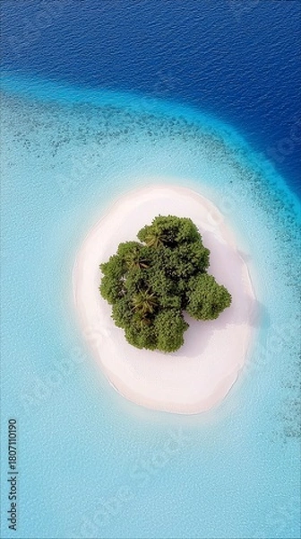 Fototapeta An isolated tropical island with dense green vegetation and white sandy shores is seen from above, surrounded by shallow turquoise water transitioning to deep b