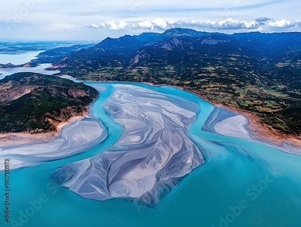 Fototapeta An aerial perspective showcases a vibrant turquoise river delta, revealing complex sandbar patterns that merge with lush green farmland and distant blue mountai