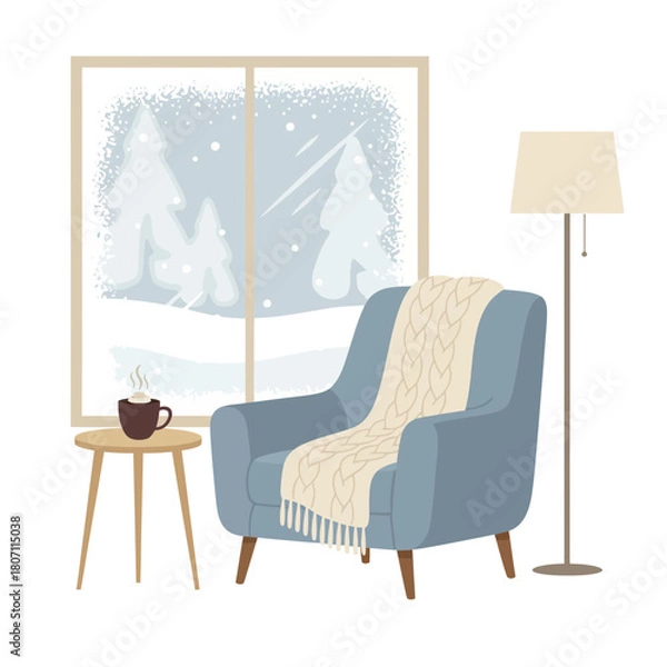 Fototapeta Cozy Reading Nook by Snowy Window – Minimal Flat Winter Vector Illustration