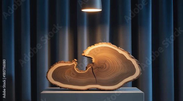Obraz Dramatic Studio Shot of a Tree Slice with Growth Rings on a Pedestal Under a Spotlight Against a Blue Curtain Backdrop, Displaying Natural