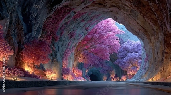 Obraz A road through a cave tunnel with blooming pink trees and soft lighting