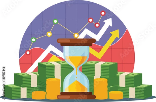 Obraz Time and money investment concept with hourglass and cash stacks.