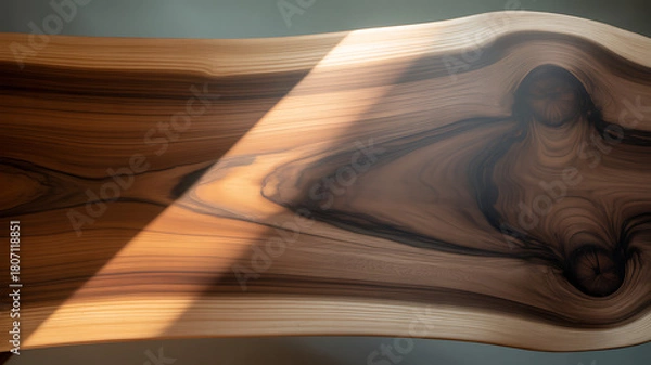 Obraz Close-up of a Live Edge Wood Slab Table Top with Natural Wood Grain, Knots, and a Beam of Sunlight, Showing the Beauty of Organic Wood