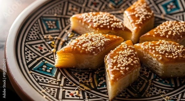 Fototapeta Makrout pastries glazed with honey sesame on patterned plate