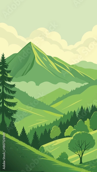 Obraz Green mountain landscape with forest and clouds