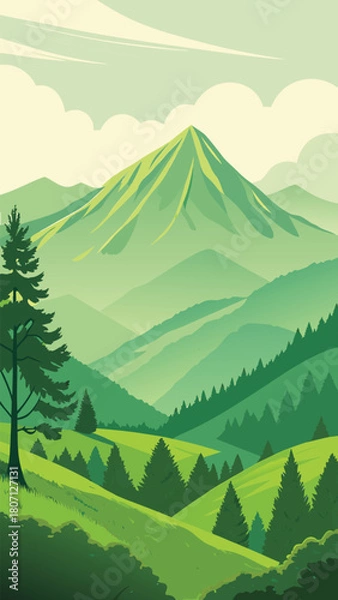 Obraz Green mountain landscape with pine tree and cloudy sky