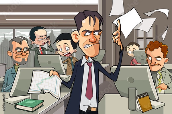 Obraz cartoon office full of people working at computers