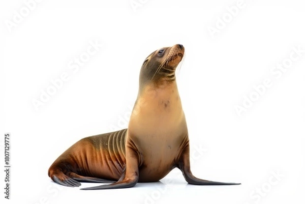 Fototapeta Curious Sea Lion Looking Upward, Isolated on White Background