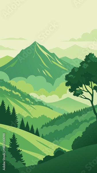 Fototapeta Green mountain landscape with lush forest and sky