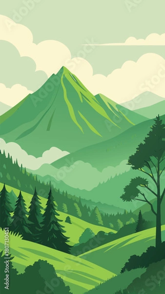 Obraz Green mountain landscape with pine trees and clouds