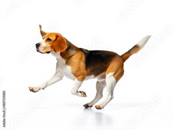 Fototapeta Energetic Beagle Dog Running Isolated on White Background