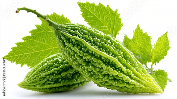 Fototapeta Fresh Bitter Melon with Leaves Arranged in Natural, Whole Bitter Gourd Displayed with Green Leaf Background