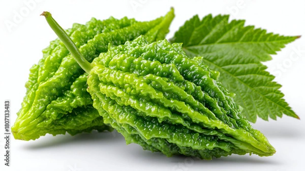 Fototapeta Fresh Bitter Melon Cluster with Stem and Leaves, Whole Bitter Gourd Arrangement Featuring Leafy Greens