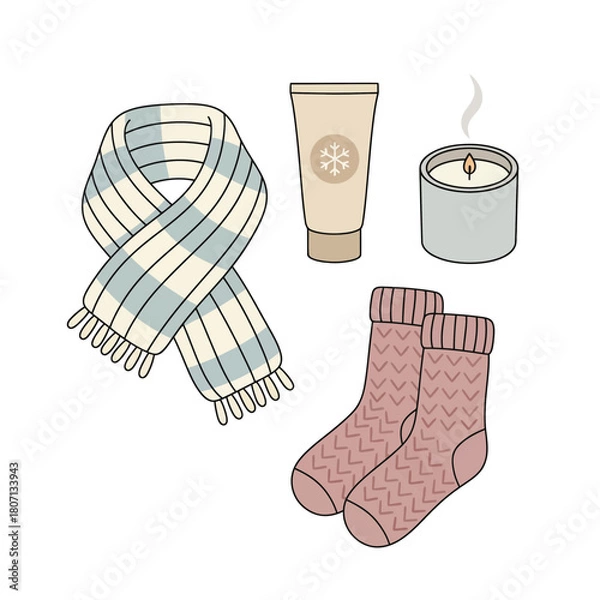 Obraz Winter Self-Care Essentials – Minimal Overhead Flat Vector Illustration