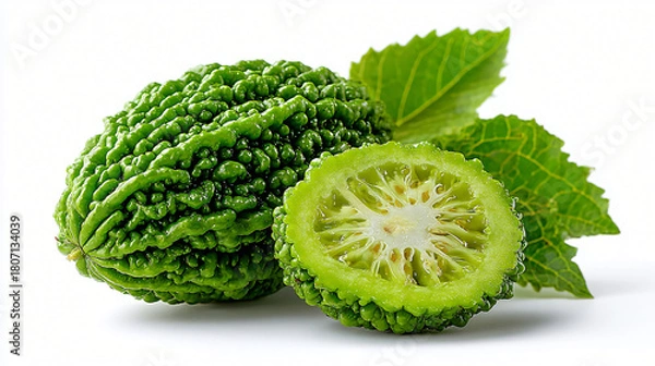 Fototapeta Fresh Bitter Melon with Cut Slice and Leaves, Whole and Sliced Bitter Gourd Presented with Greens