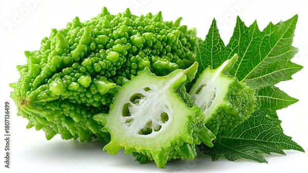 Fototapeta Fresh Bitter Melon with Unique Bumpy Texture and Slice, Textured Bitter Gourd Displayed with Cut Piece and Leaves