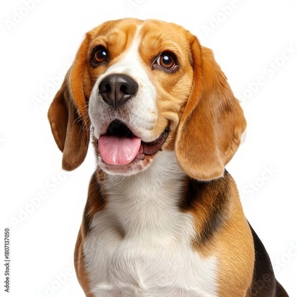 Fototapeta Happy Beagle Dog Portrait with Drool on White Background