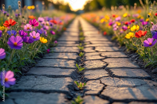 Fototapeta A low angle view of a stone path surrounded by vibrant wildflowers at sunset, with a shallow depth of field
