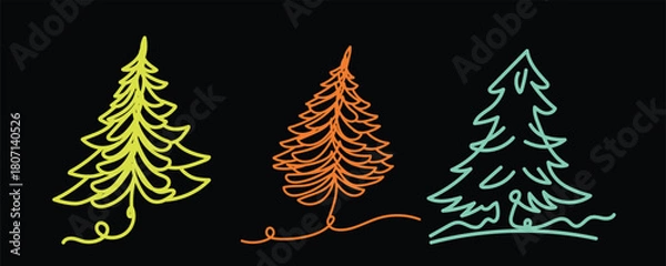 Fototapeta Neon Holiday Pine Trees, Vibrant Glowing Tree Set, Festive Colorful Pines