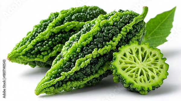 Fototapeta Fresh Bitter Melon Pair with Slice and Leaves, Whole and Cut Bitter Gourd Displayed with Leaf Greens