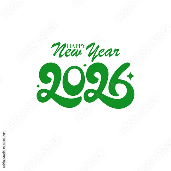 Obraz Happy new year 2026 green text with stars isolated on white background