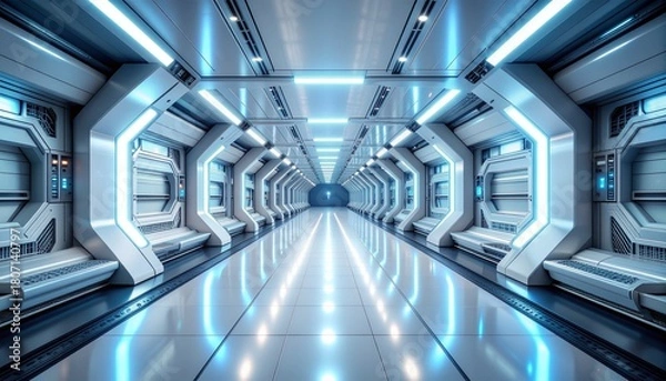 Fototapeta Futuristic Corridor Perspective Interior Design with Neon Lighting and Architectural Detail