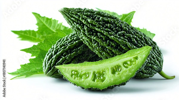 Fototapeta Fresh Bitter Melon with Cut Slice and Leaf Greens, Whole and Sliced Bitter Gourd Arranged on Green Leaves