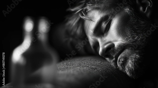 Fototapeta Thoughts of solitude blend with shadows as a man rests peacefully next to a bottle in soft, dim light