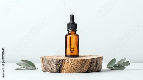 Fototapeta A brown glass dropper bottle containing a liquid sits on a rustic wooden slice, with eucalyptus leaves on either side.