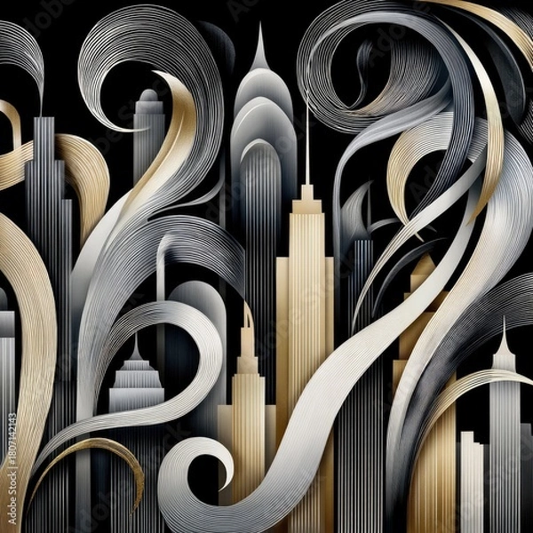 Fototapeta A stylized Art Deco cityscape featuring skyscrapers adorned with flowing, ribbon-like elements in gold, silver, and black.