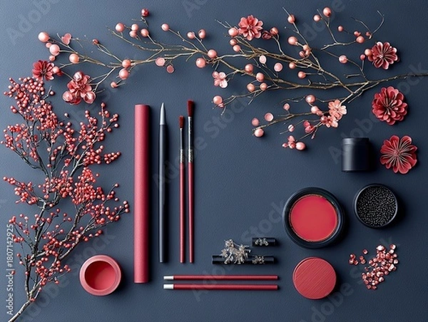 Fototapeta A collection of art supplies and decorative elements, including red berries, paper flowers, brushes, and calligraphy tools, arranged artistically on a dark blue
