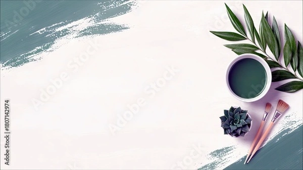 Fototapeta A creative composition featuring art supplies and natural elements, ideal for design, art, or wellness themes.