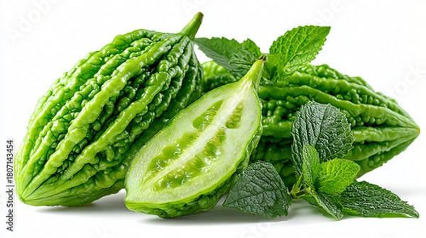 Fototapeta Fresh Bitter Melon with Mint Leaves and Cut Slice, Whole and Sliced Bitter Gourd Displayed with Mint Greens