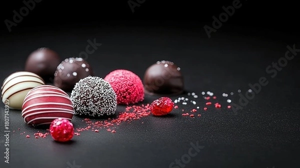 Fototapeta A collection of assorted gourmet chocolates and candies, including white, dark, and red varieties, are artfully arranged on a dark, textured surface.