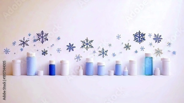 Fototapeta A collection of various sized light blue and white bottles and vials are displayed in a line against a white background, adorned with decorative blue snowflakes