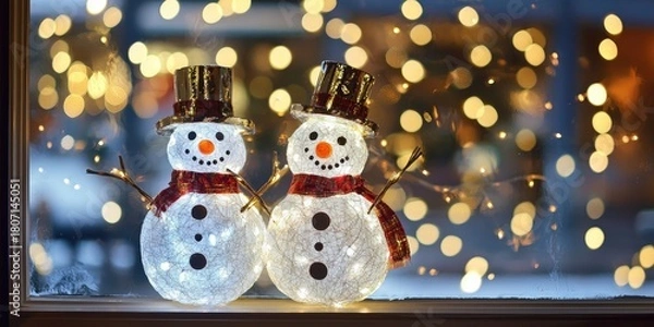 Obraz Two illuminated snowmen with top hats and scarves, standing in front of a window with fairy lights, against a dark background.