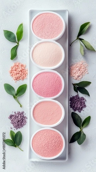Fototapeta A collection of cosmetic powders in shades of pink and purple, arranged in small white bowls with decorative green leaves.