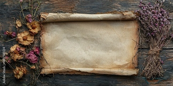 Fototapeta An old, weathered parchment scroll with dried flowers and herbs on a rustic wooden table.