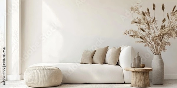 Obraz A minimalist living room with a white sofa, cushions, and a vase of dried flowers on a wooden table.