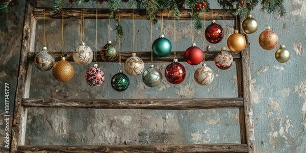 Fototapeta A rustic wooden ladder adorned with a variety of colorful Christmas ornaments, including red, green, gold, and silver baubles, hanging from the rungs and branches of a festive green garland.