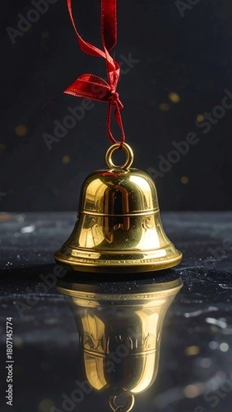 Obraz Golden bell with a red ribbon, reflecting light.