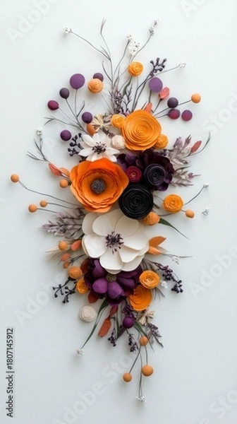 Fototapeta A cascading arrangement of handcrafted paper flowers and foliage in autumnal colors like orange, deep purple, and white, set against a clean white backdrop.