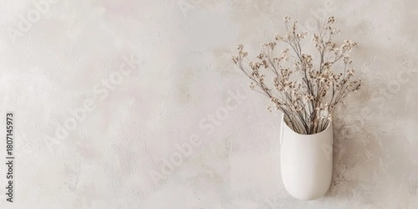 Fototapeta A white vase with dried flowers on a light-colored wall, with a neutral background.