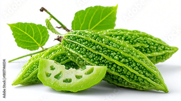 Fototapeta Fresh Bitter Melon with Tender Vine and Sliced Piece, Whole and Cut Bitter Gourd Arranged with Young Leaves
